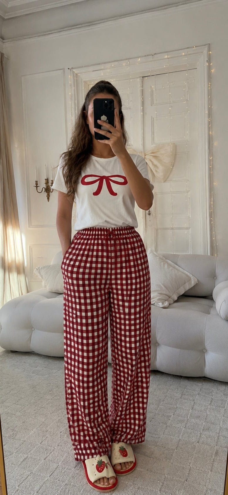 Burgendy Bow Pajama Set With Slipper