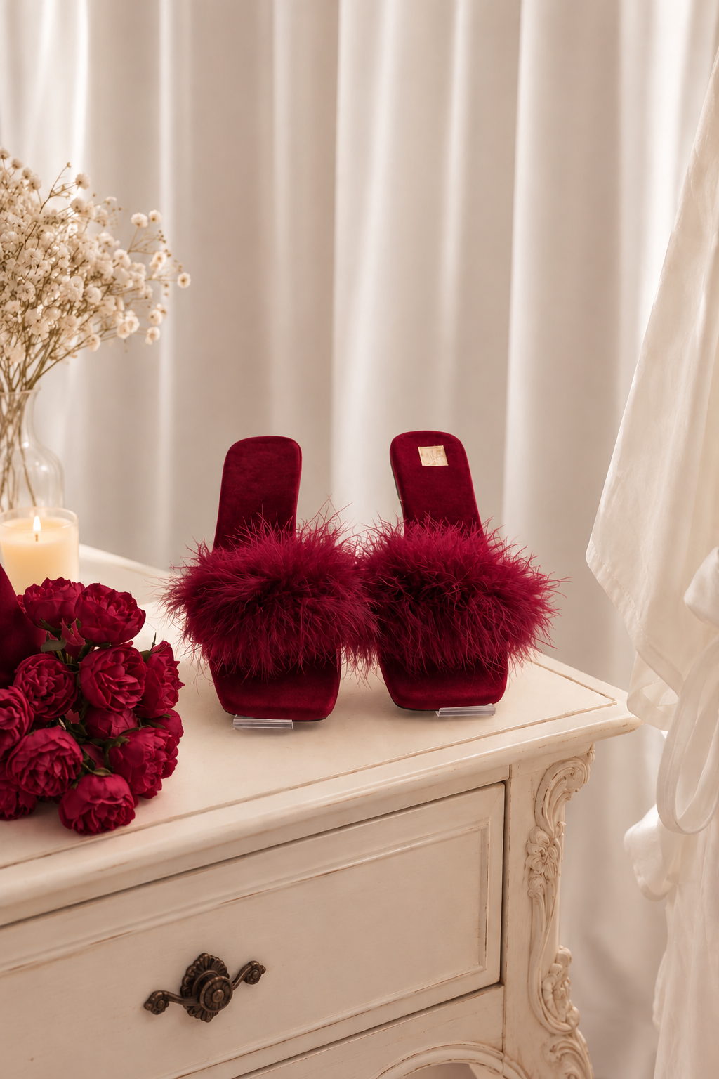 Burgendy Feather Fuzzy Slipper