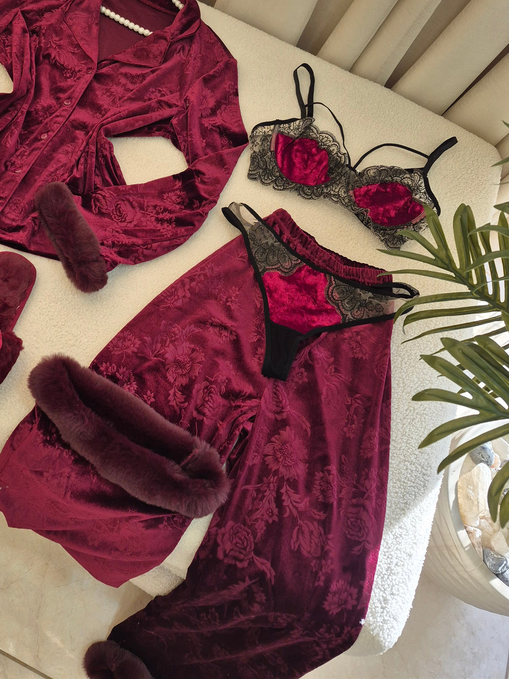 Floral Burgendy Velvet Pajama Set with Bra Set 4pcs