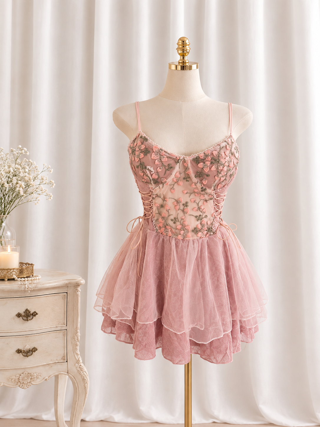 Rosé Velvet Chiffon Ruffle Dress