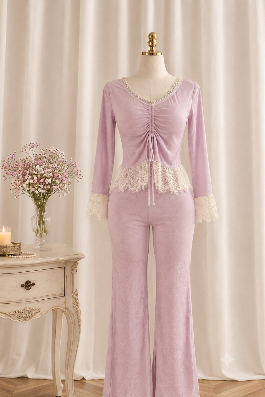 Lilac Padded Lace Cotton Pajama Set Only